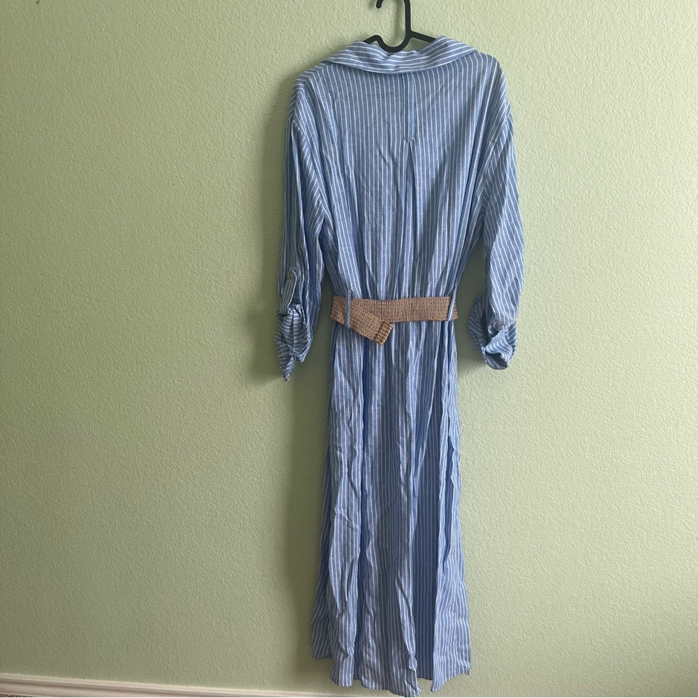 Zara Belted Linen Midi Shirt Dress V-Neck Tab Sleeve Striped Blue White Size XL - Picture 6 of 11